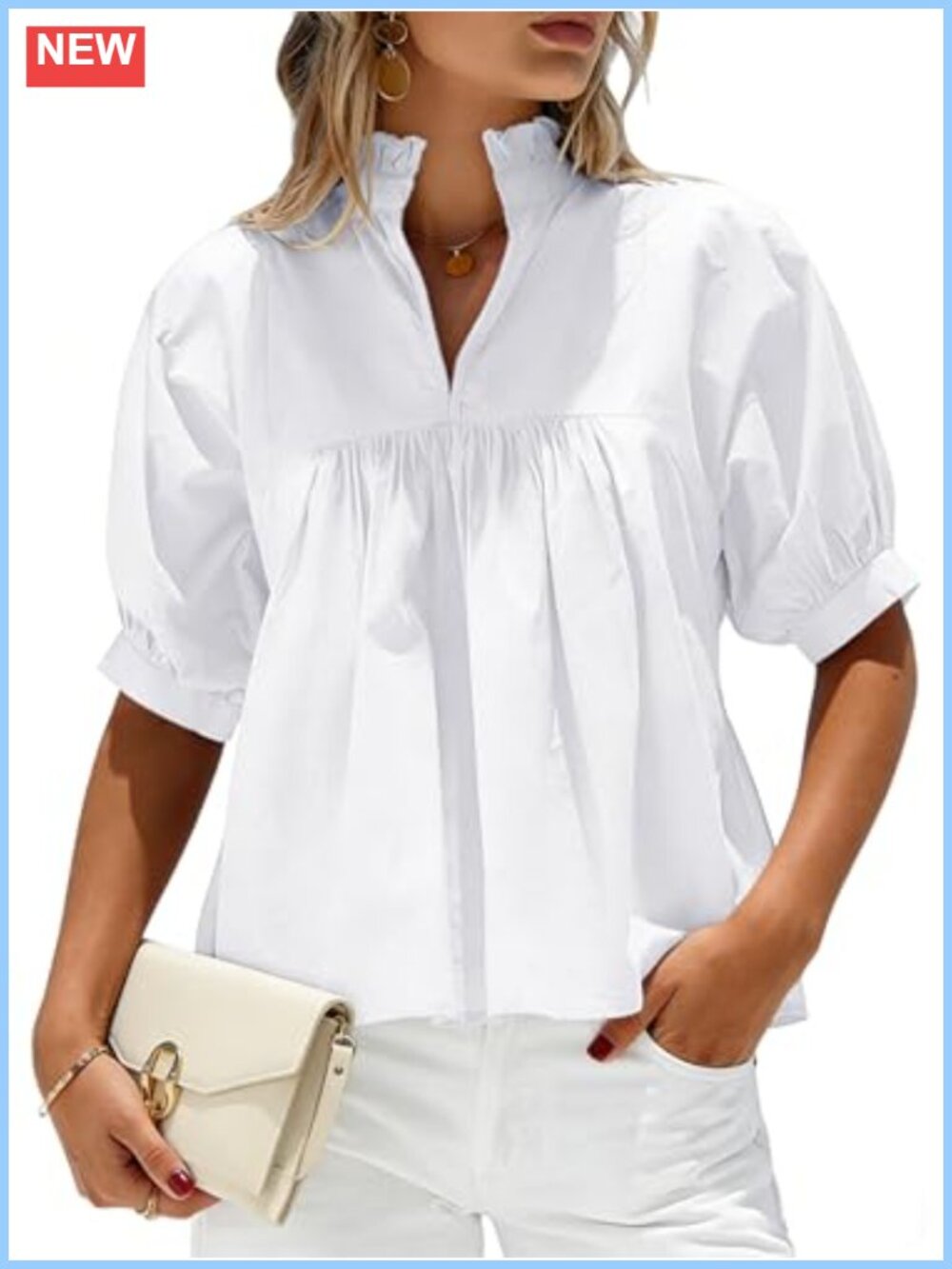 SimpleFun Babydoll Peplum Top Ruffle V Neck Puff Sleeve Blouse